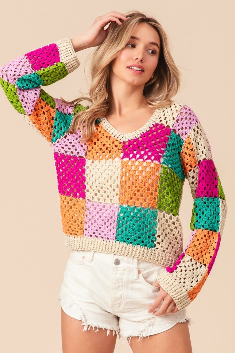 Playful Colors Checkered Long Sleeve Knit Top