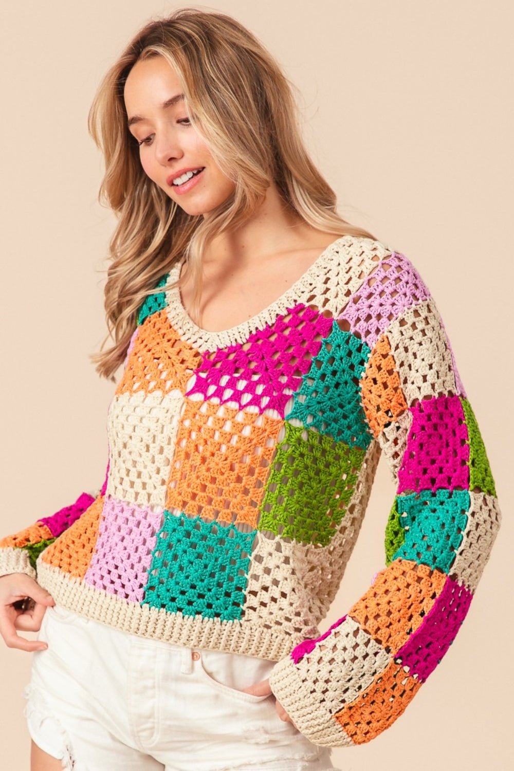 Playful Colors Checkered Long Sleeve Knit Top