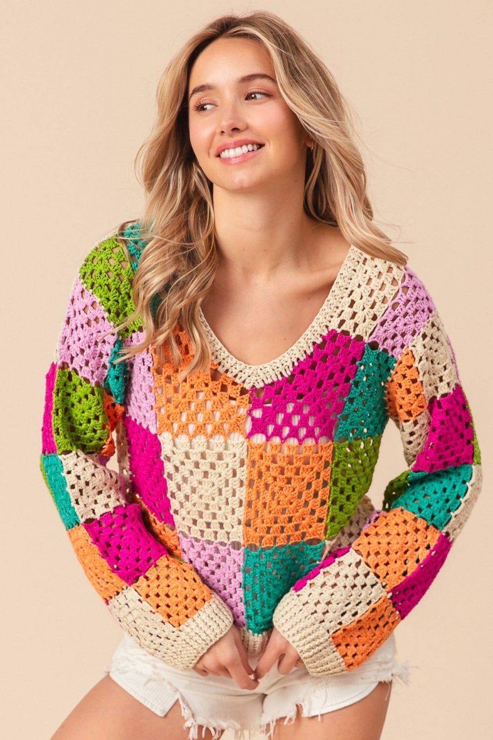 Playful Colors Checkered Long Sleeve Knit Top