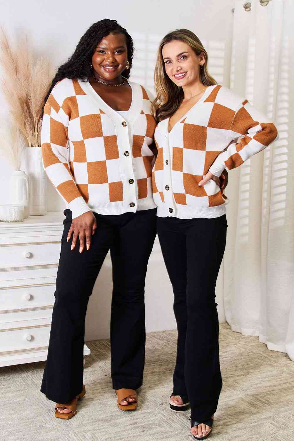 Brown and white checkered sweater