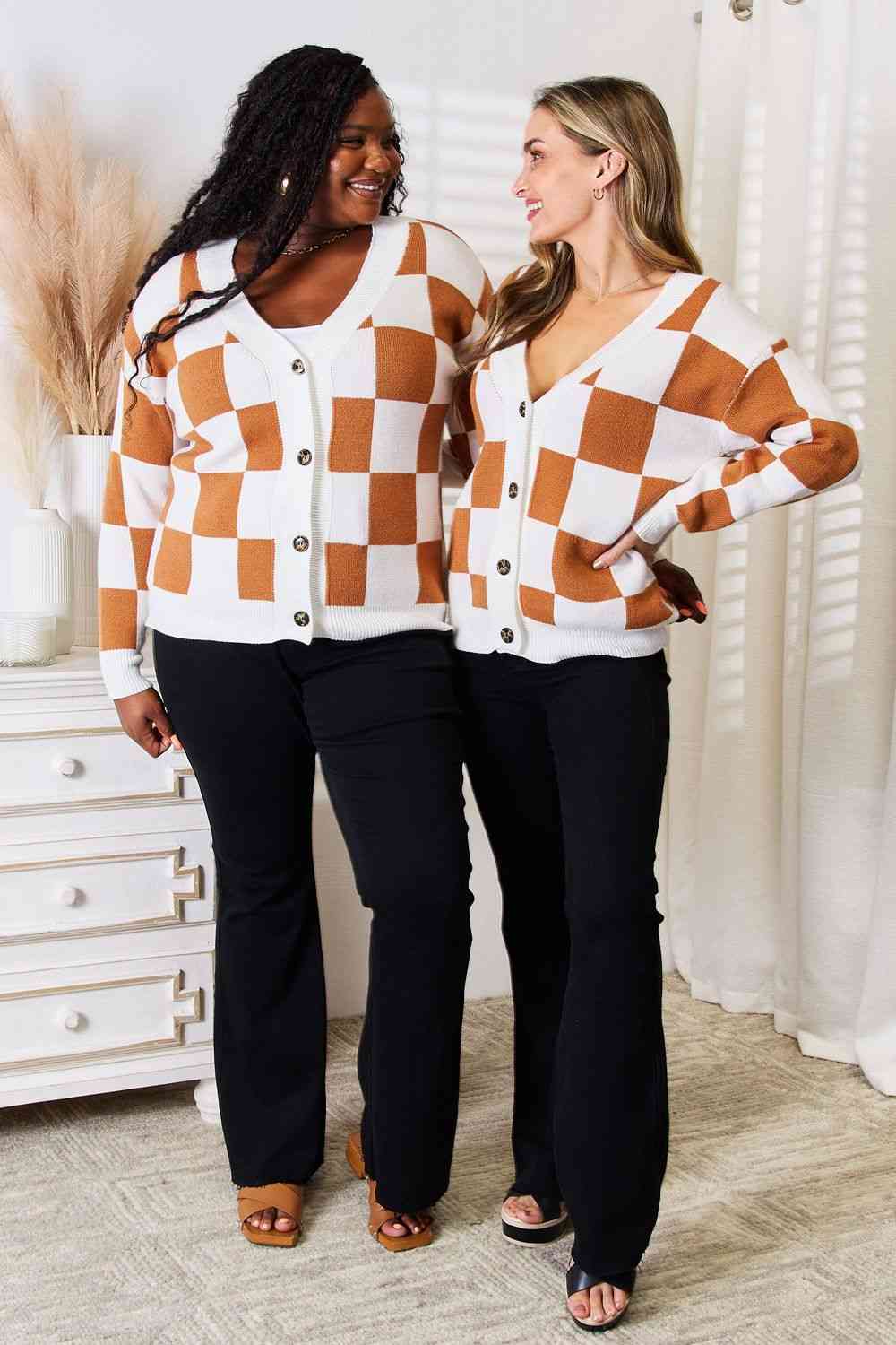 Brown and white checkered sweater