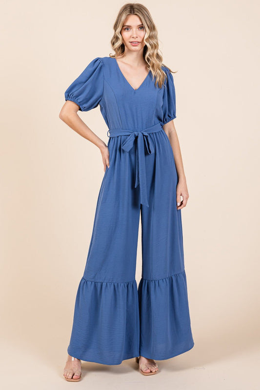 Denim Blue V-Neck Belted Wide Leg Jumpsuit