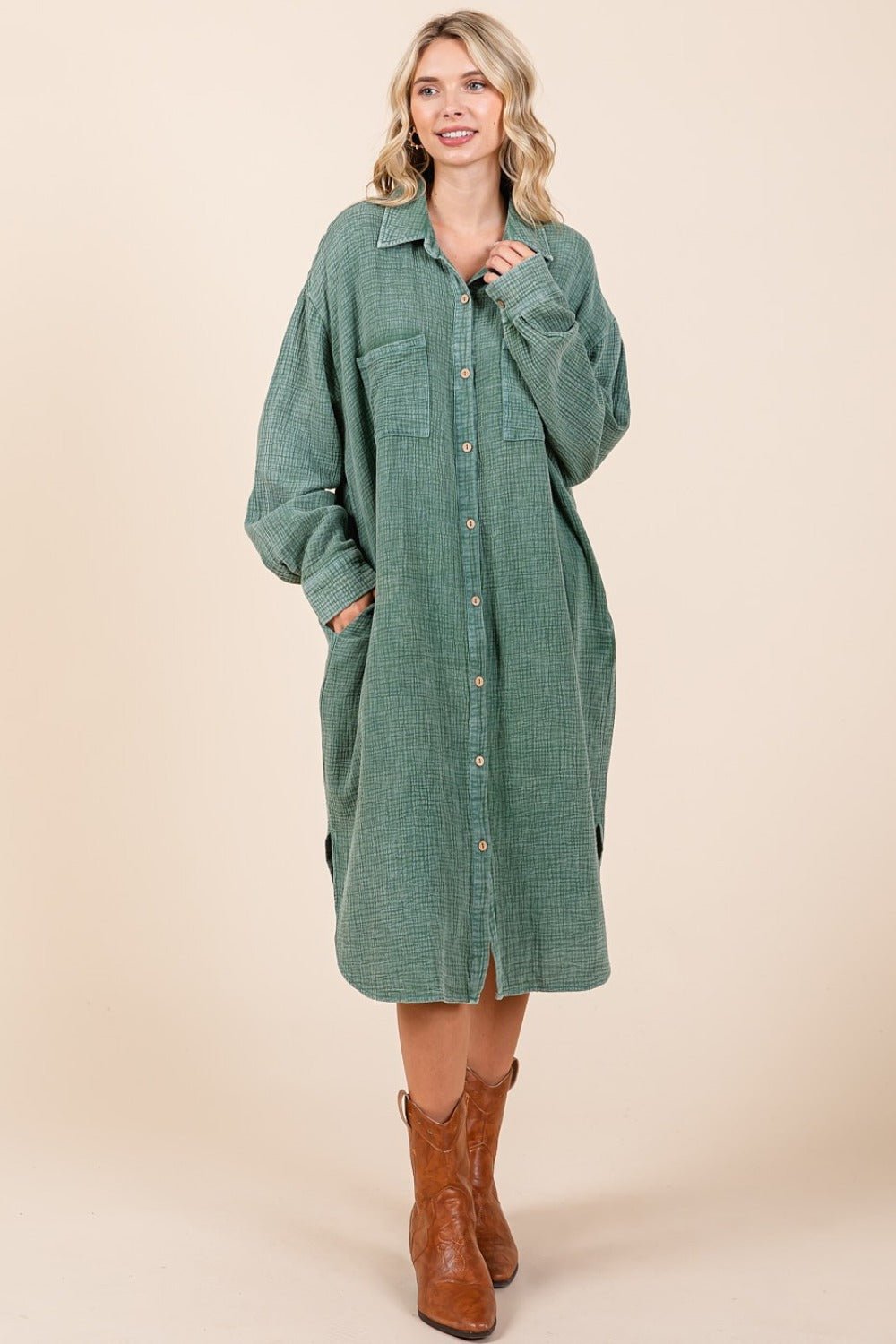 Pine Cotton Gauze Midi Shirt Dress