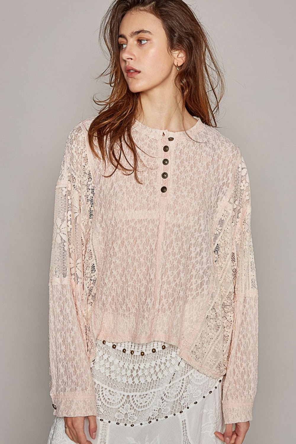 POL Round Neck Long Sleeve Raw Edge Lace Top