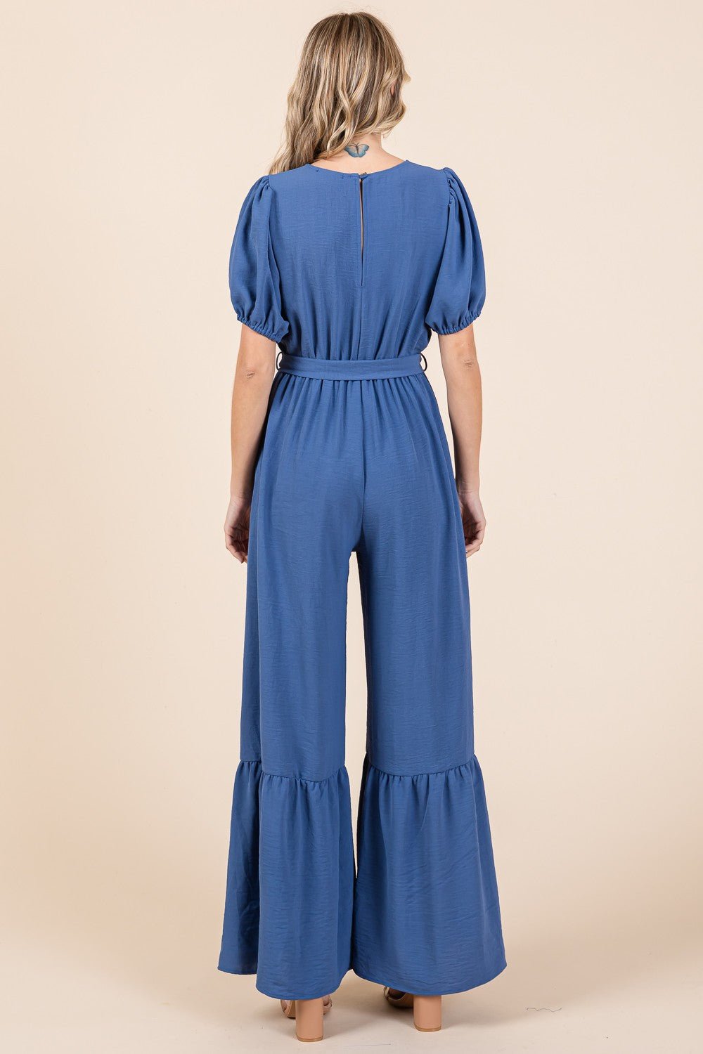 Denim Blue V-Neck Belted Wide Leg Jumpsuit