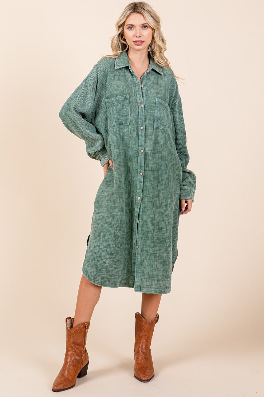 Pine Cotton Gauze Midi Shirt Dress