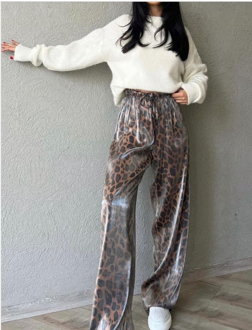 Metallic Viscose Leopard Wide Leg Pants