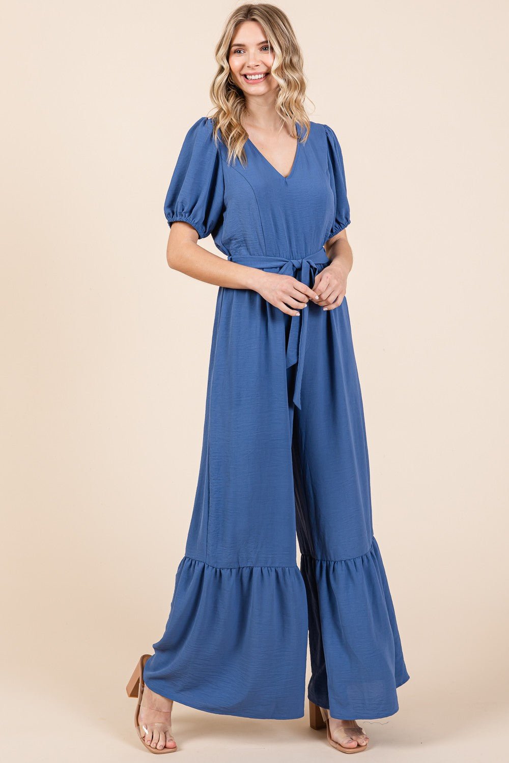 Denim Blue V-Neck Belted Wide Leg Jumpsuit