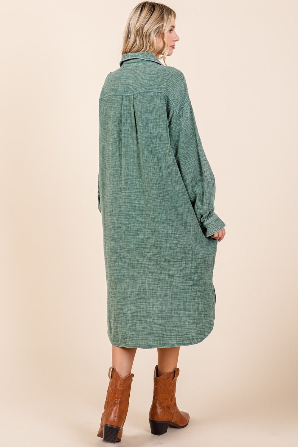 Pine Cotton Gauze Midi Shirt Dress