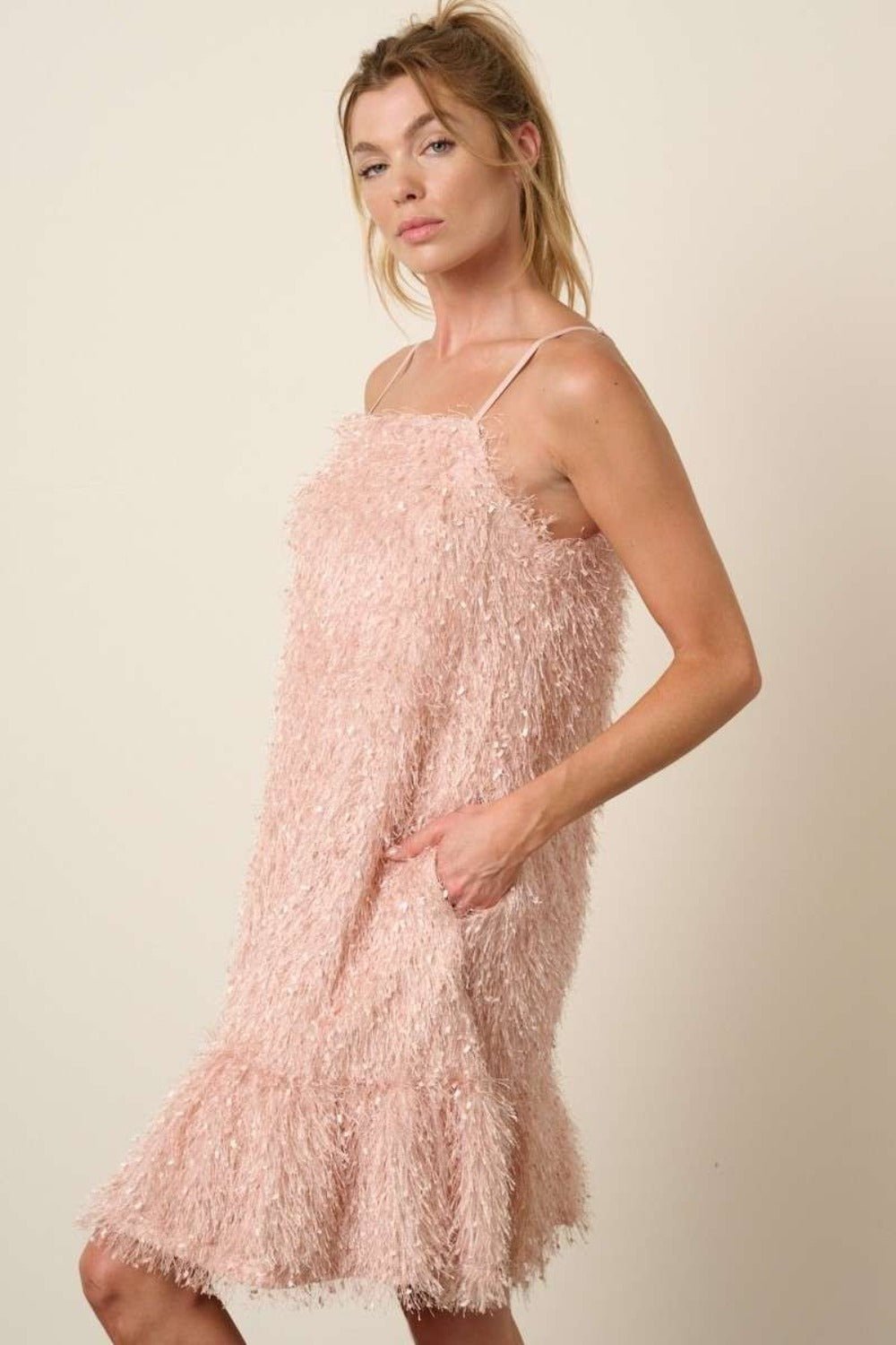 Feather Ruffle Hem Mini Cami Dress