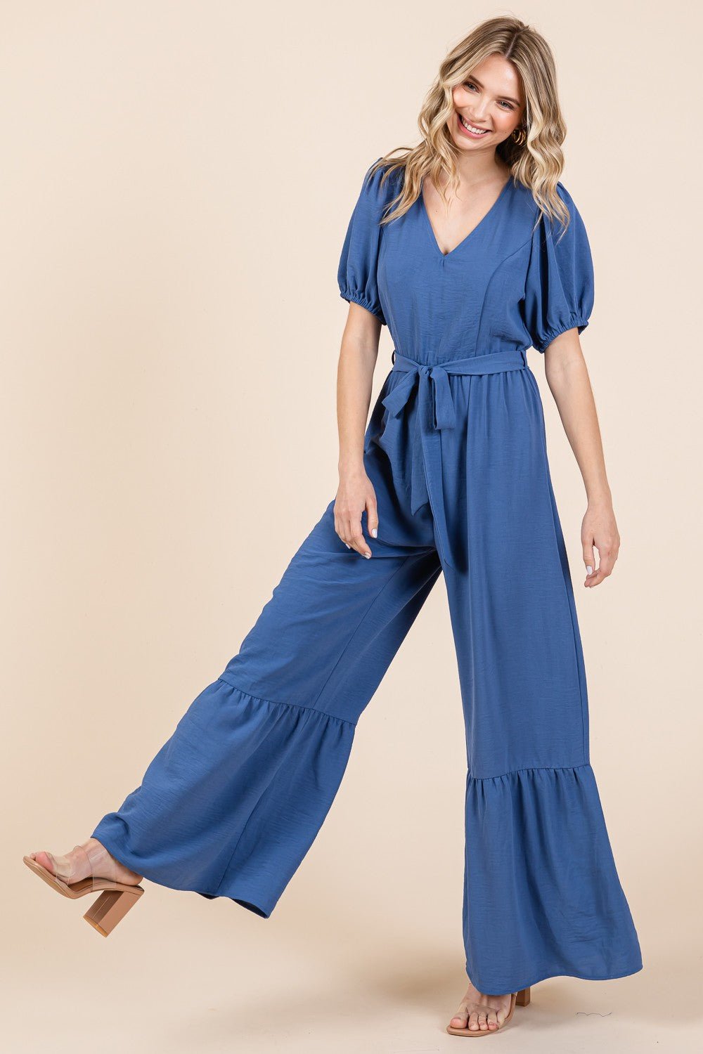 Denim Blue V-Neck Belted Wide Leg Jumpsuit