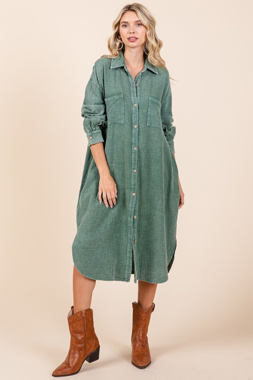 Pine Cotton Gauze Midi Shirt Dress