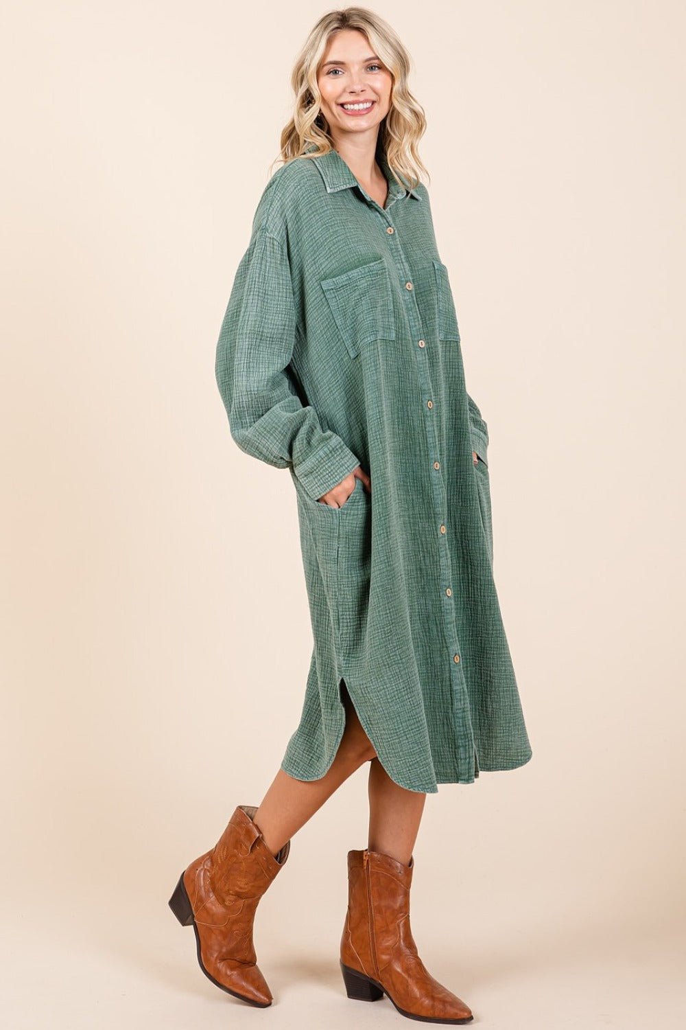 Pine Cotton Gauze Midi Shirt Dress