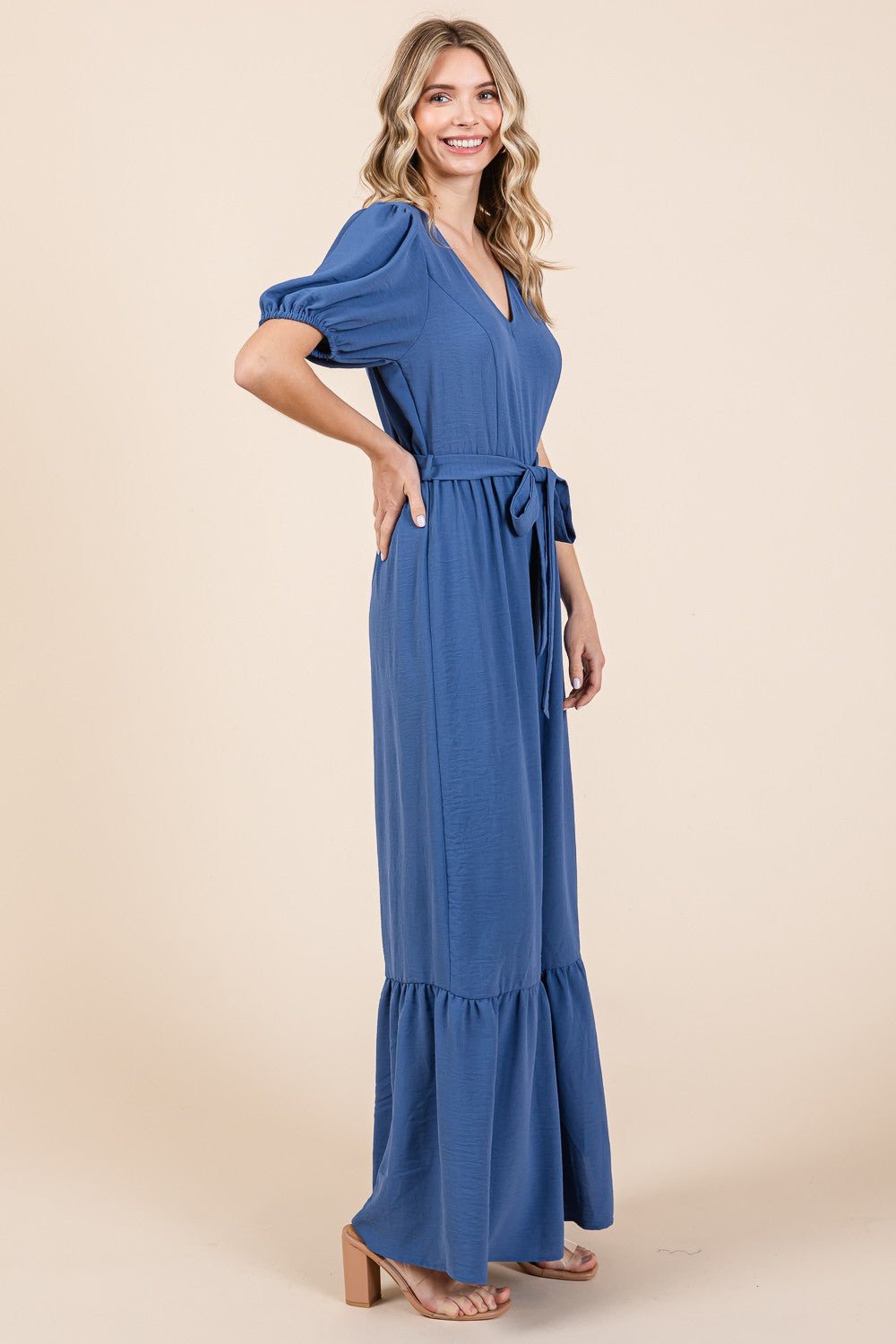 Denim Blue V-Neck Belted Wide Leg Jumpsuit