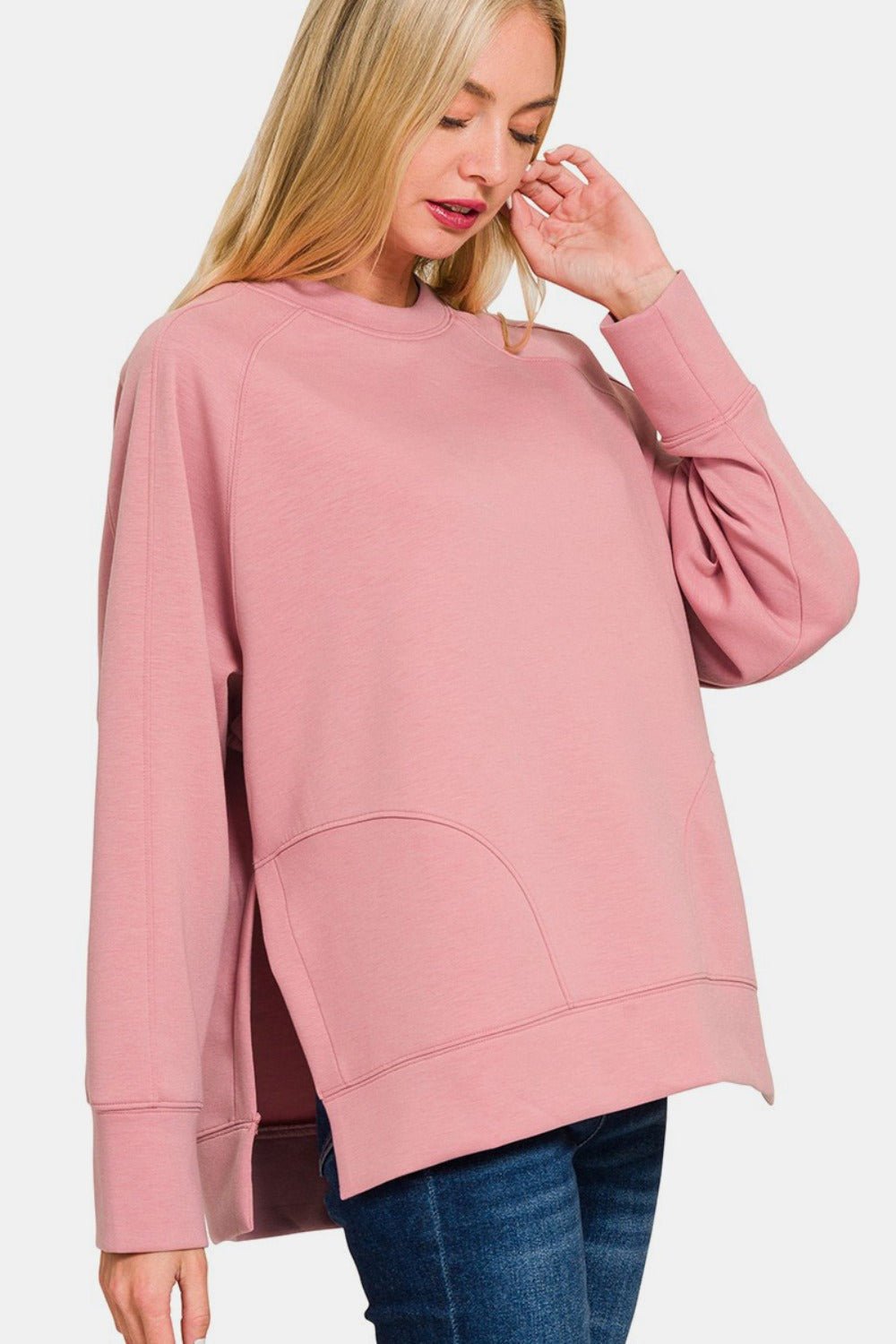 Throwover Round Neck Side Slit Sweatshirt