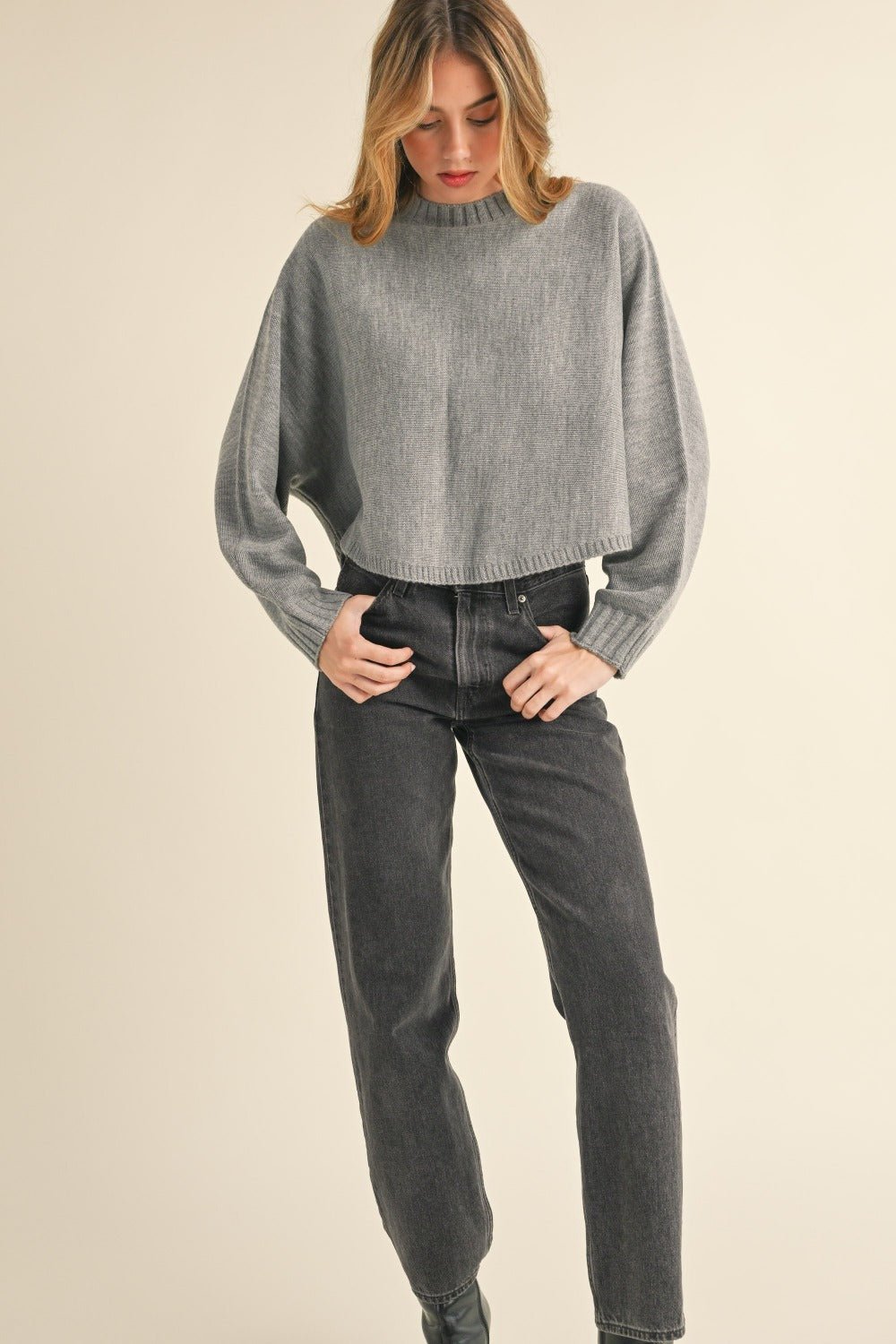 Heather Grey Dolman Sleeve Cropped Sweater