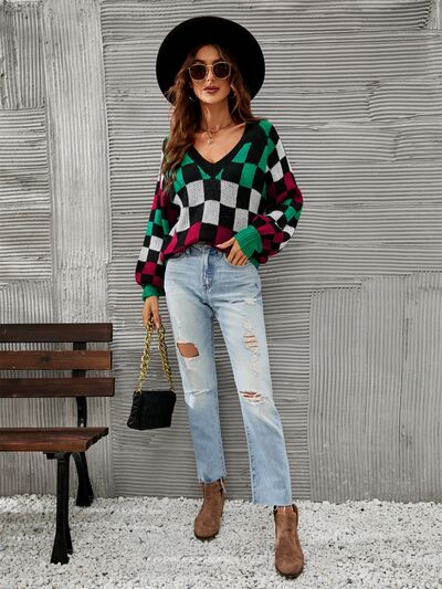 Checkered V-Neck Sweater in Pastel