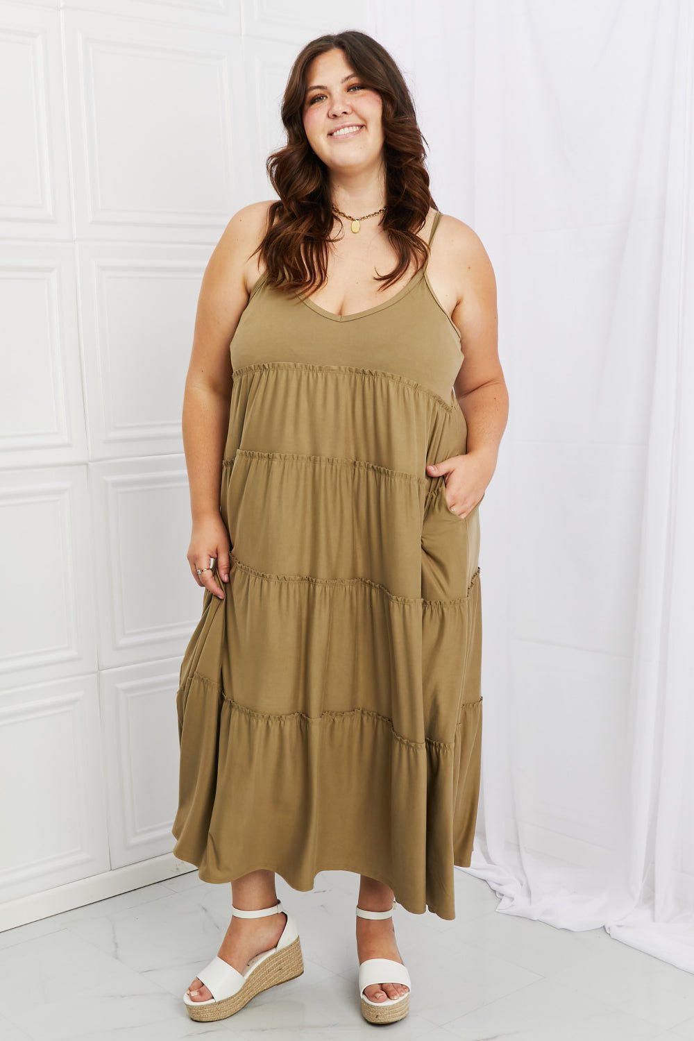 Full Size Spaghetti Strap Tiered Dress with Pockets in Khaki