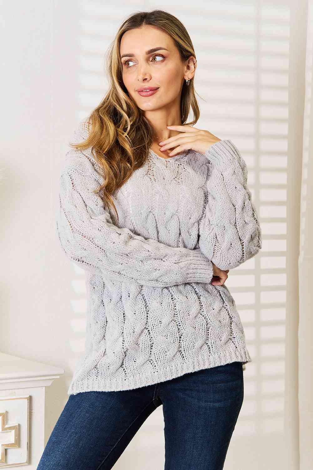 hooded cable knit sweater