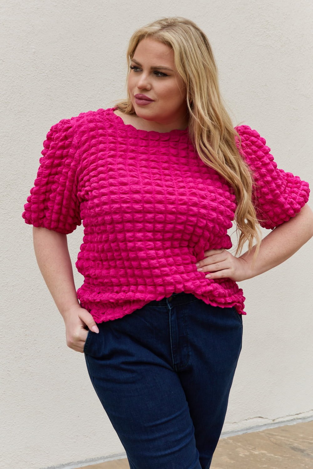 Full Size Bubble textured Puff Sleeve Top